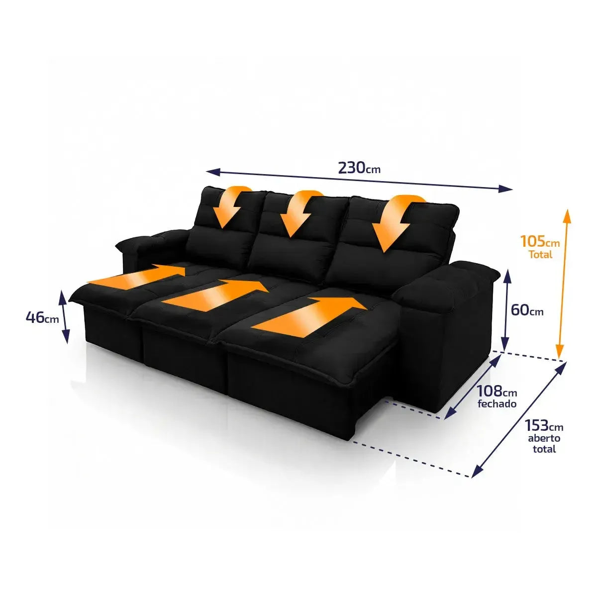 Sofá retrátil reclinável Verona preto de 2,30m em suede velut com molas, mostrando dimensões.