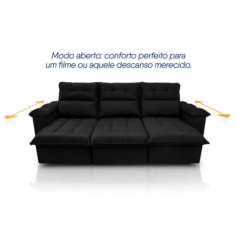 Sofá retrátil reclinável Verona preto em suede velut, com 3 lugares e assento estendido para conforto.