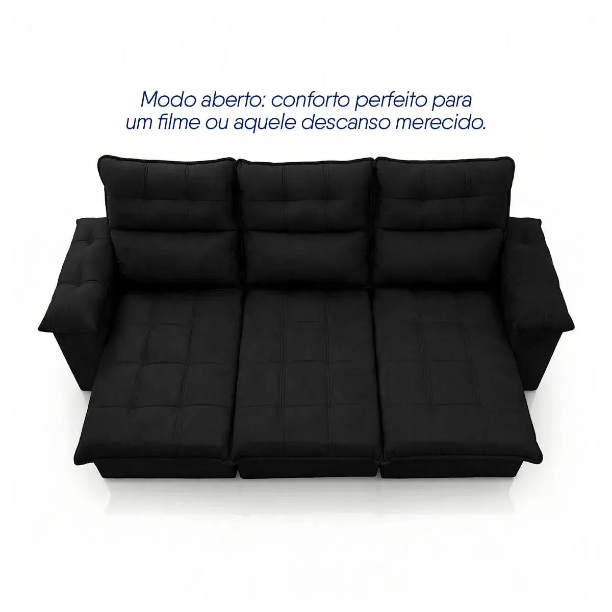 Sofá retrátil reclinável Verona 2,30m em suede velut preto, com assentos estendidos para conforto.