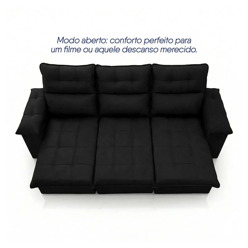 Sofá retrátil reclinável Verona 2,30m em suede velut preto, com assentos estendidos para conforto.