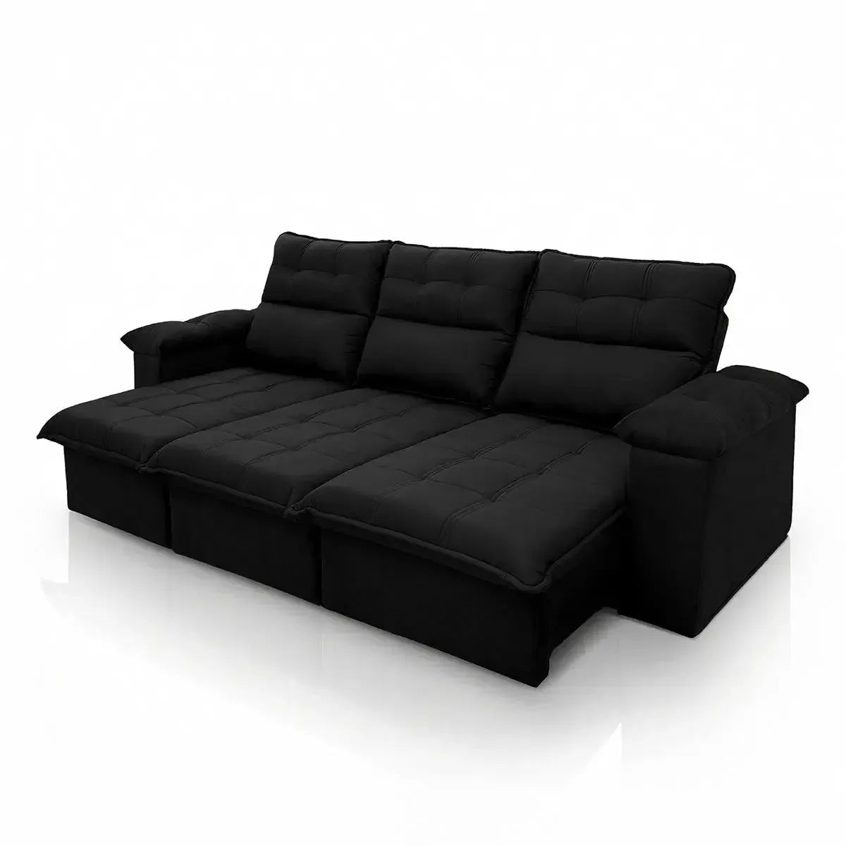 Sofá retrátil reclinável Verona 2,30m em suede velut preto com molas no assento.