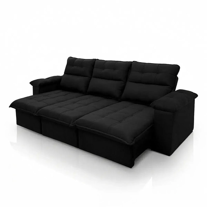 Sofá retrátil reclinável Verona 2,30m em suede velut preto com molas no assento.