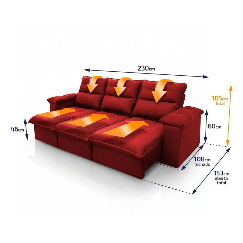 Sofá retrátil reclinável Verona vermelho suede velut 2,30m com molas, assentos estendidos e encostos reclinados.