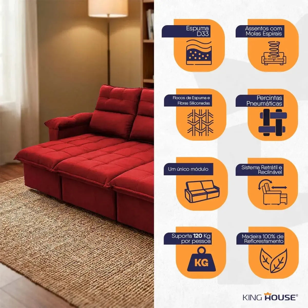 Sofá retrátil reclinável Verona vermelho em suede velut com molas no assento, design moderno e aconchegante.