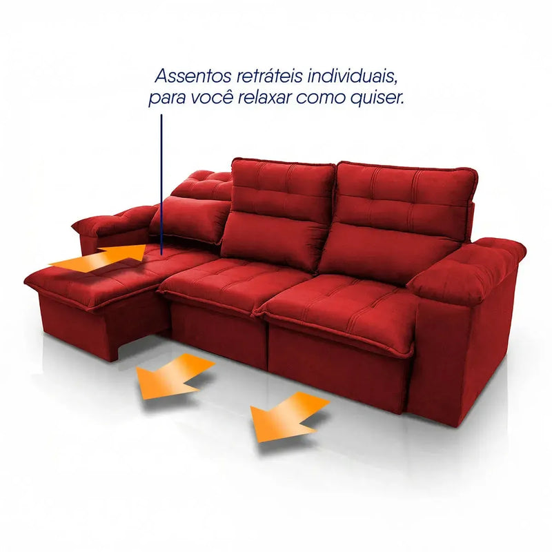 Sofá retrátil reclinável Verona vermelho em suede velut com assentos individuais e molas.