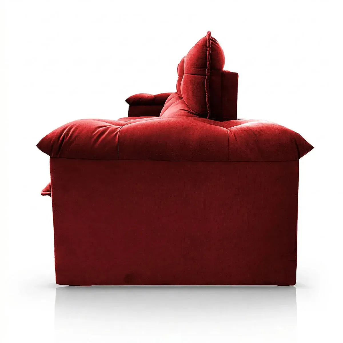 Sofá retrátil reclinável Verona vermelho em suede velut, com molas no assento e encosto ajustável.