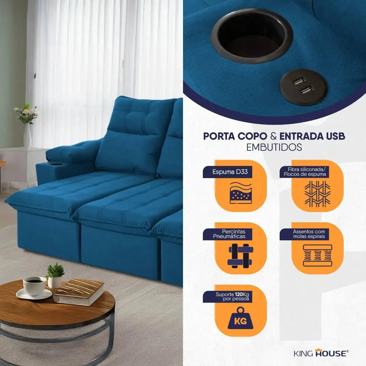 Sofá Retrátil Reclinável Verona USB e Porta Copo 2,30m Azul
