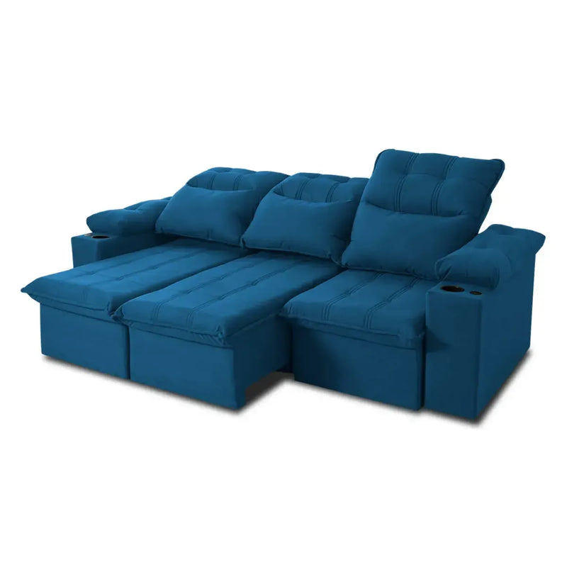 Sofá Retrátil Reclinável Verona USB e Porta Copo 2,30m Azul