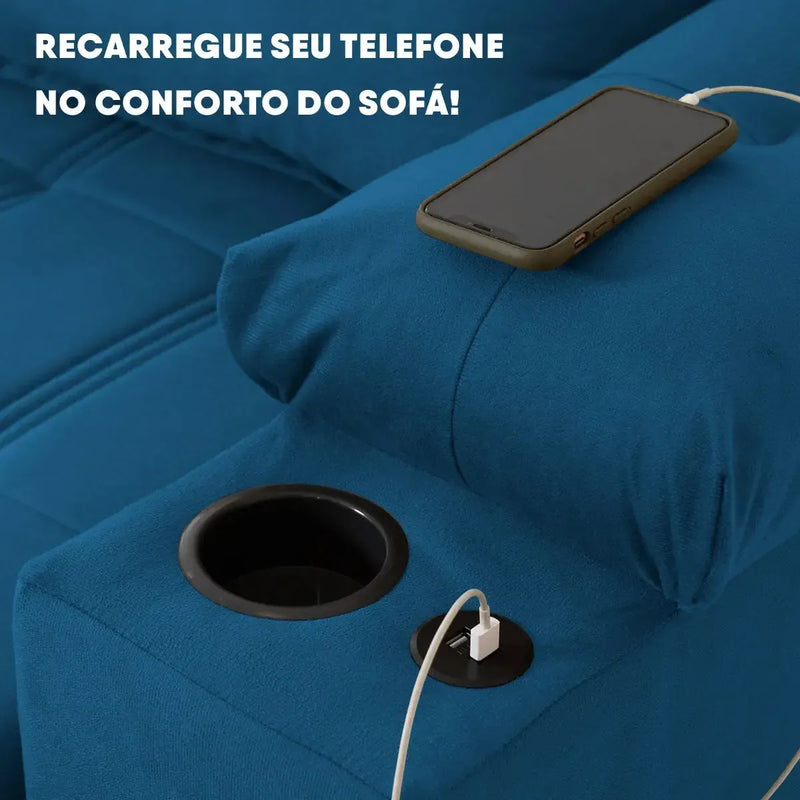 Sofá Retrátil Reclinável Verona USB e Porta Copo 2,30m Azul