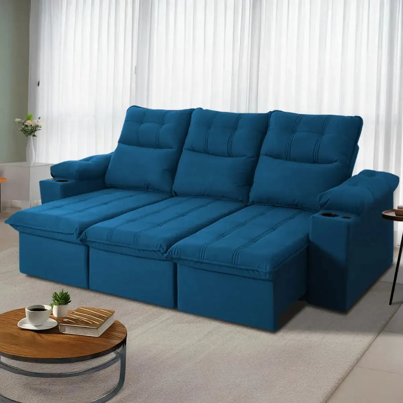 Sofá Retrátil Reclinável Verona USB e Porta Copo 2,30m Azul
