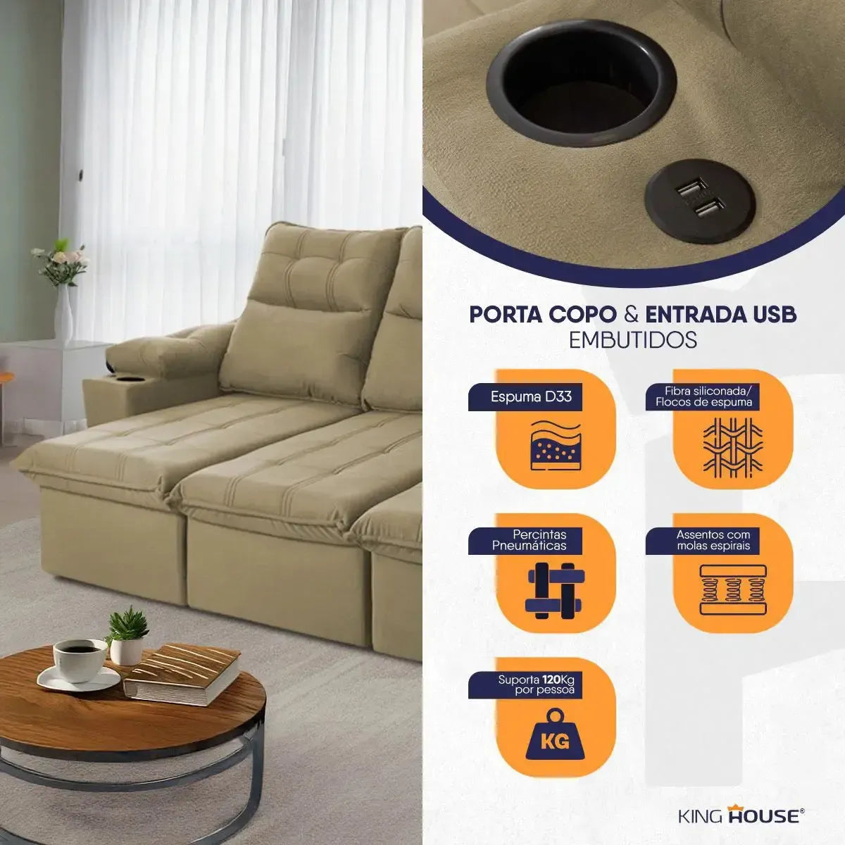 Sofá Retrátil Reclinável Verona USB e Porta Copo 2,30m Bege