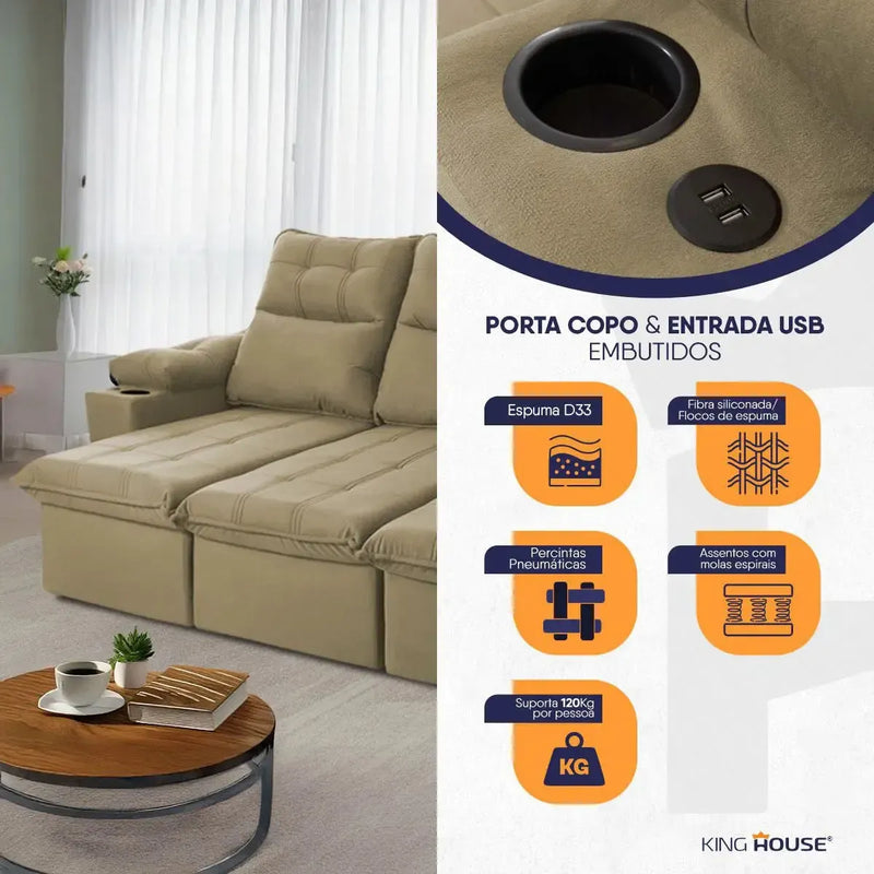 Sofá Retrátil Reclinável Verona USB e Porta Copo 2,30m Bege
