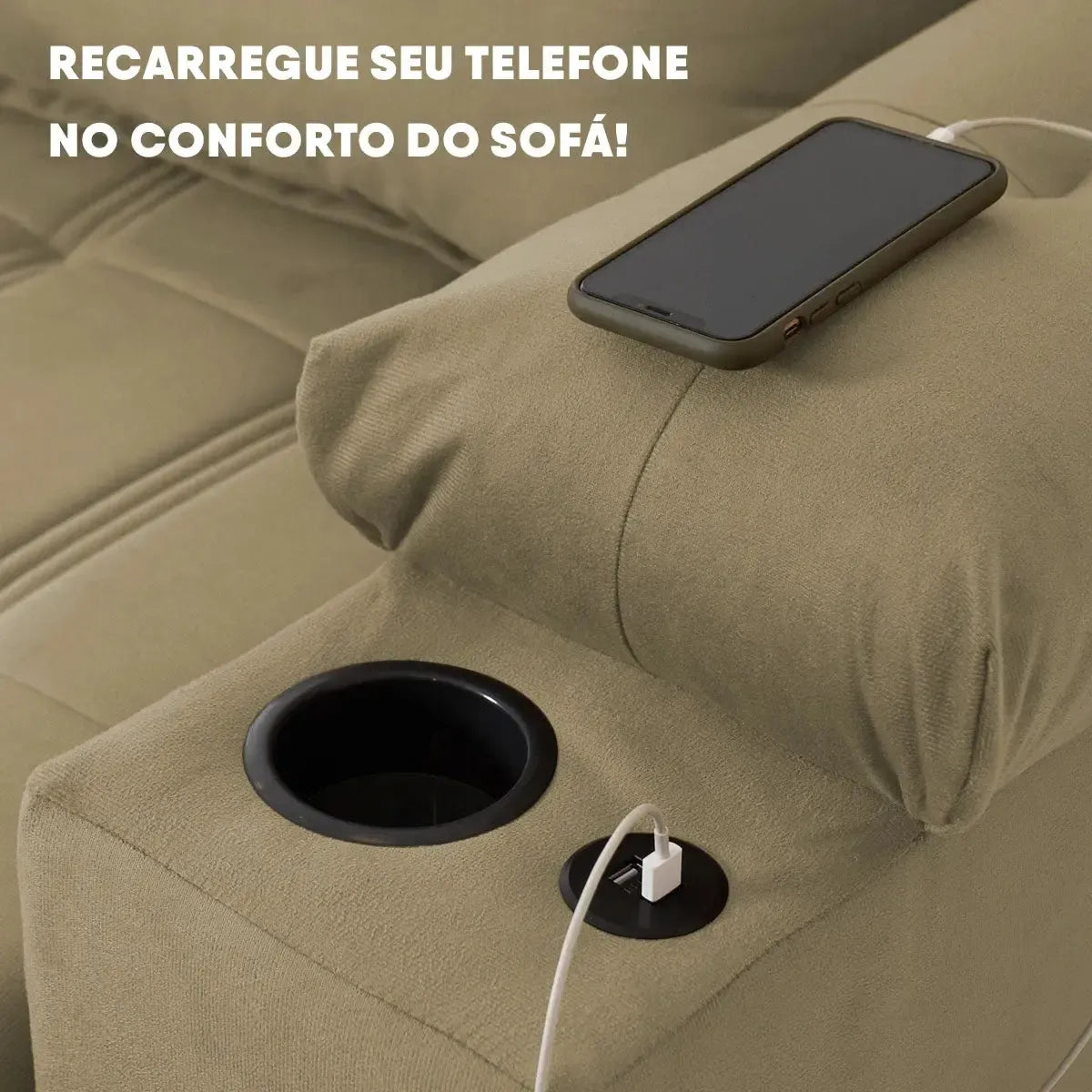 Sofá Retrátil Reclinável Verona USB e Porta Copo 2,30m Bege