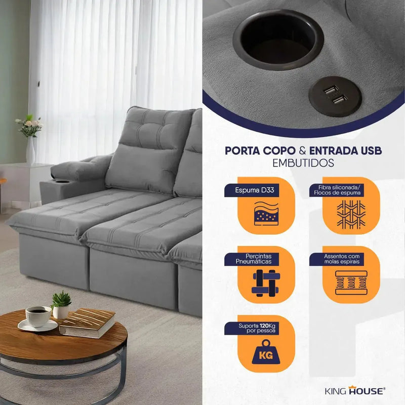Sofá Retrátil Reclinável Verona USB e Porta Copo 2,30m Cinza