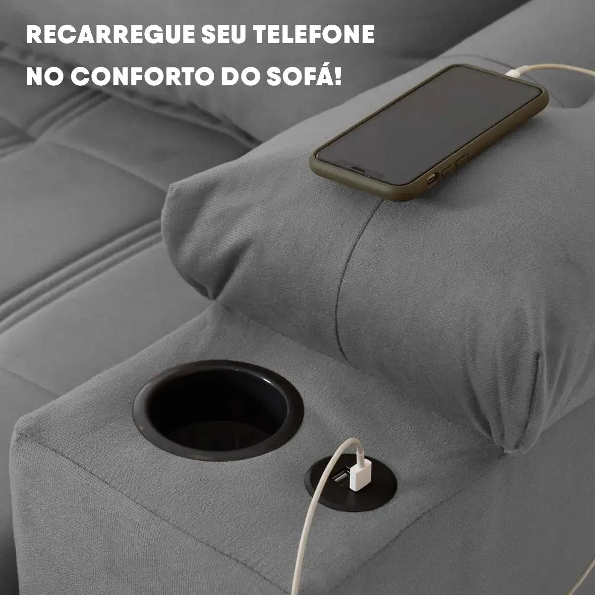 Sofá Retrátil Reclinável Verona USB e Porta Copo 2,30m Cinza