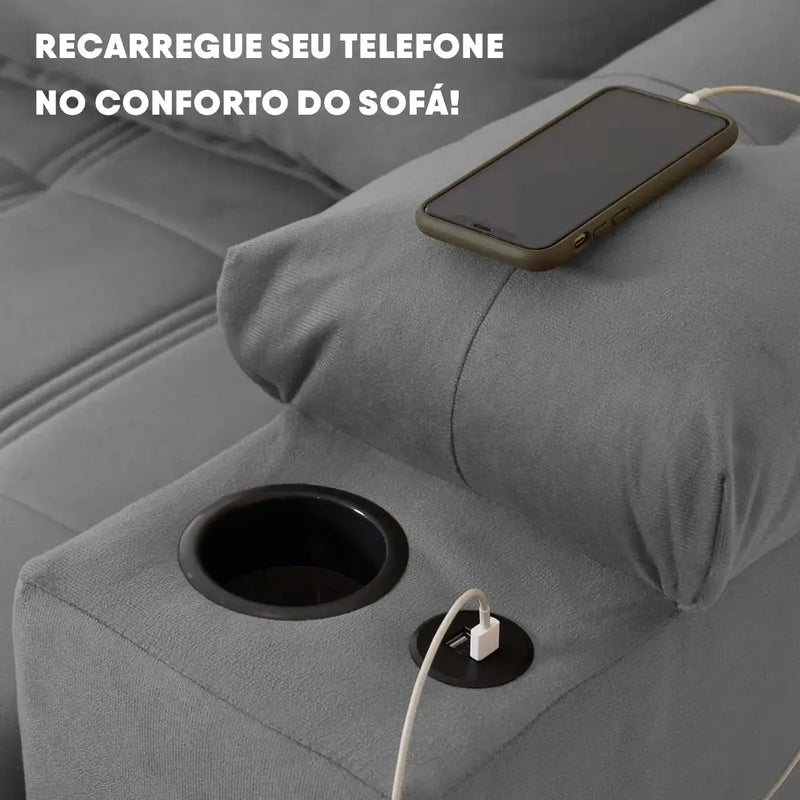 Sofá Retrátil Reclinável Verona USB e Porta Copo 2,30m Cinza