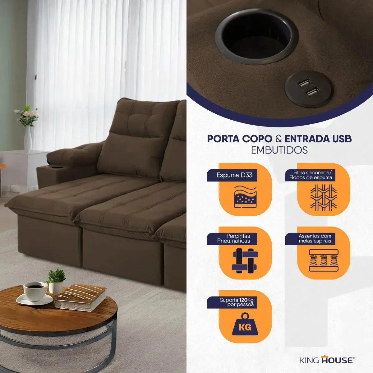 Sofá Retrátil Reclinável Verona USB e Porta Copo 2,30m Marrom