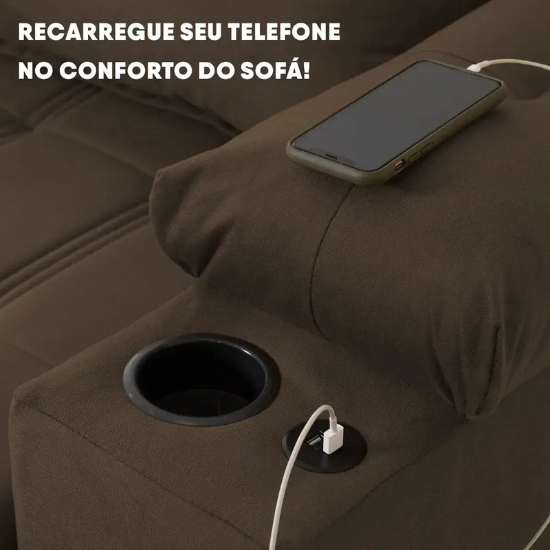 Sofá Retrátil Reclinável Verona USB e Porta Copo 2,30m Marrom