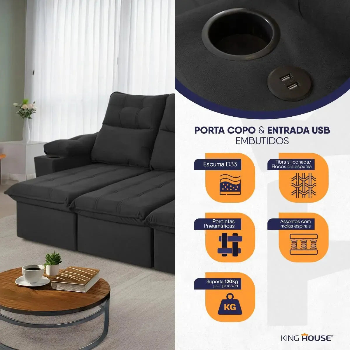 Sofá Retrátil Reclinável Verona USB e Porta Copo 2,30m Tabaco