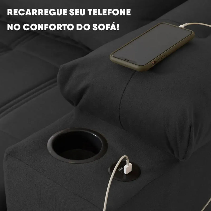 Sofá Retrátil Reclinável Verona USB e Porta Copo 2,30m Tabaco