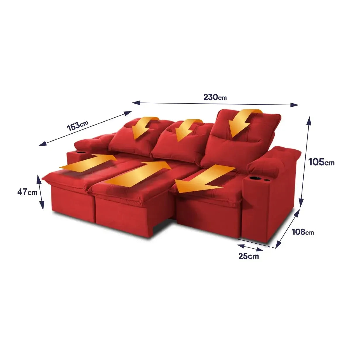 Sofá Retrátil Reclinável Verona USB e Porta Copo 2,30m Vermelho