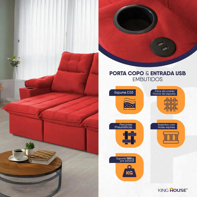 Sofá Retrátil Reclinável Verona USB e Porta Copo 2,30m Vermelho