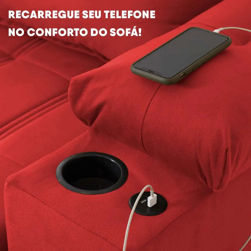 Sofá Retrátil Reclinável Verona USB e Porta Copo 2,30m Vermelho