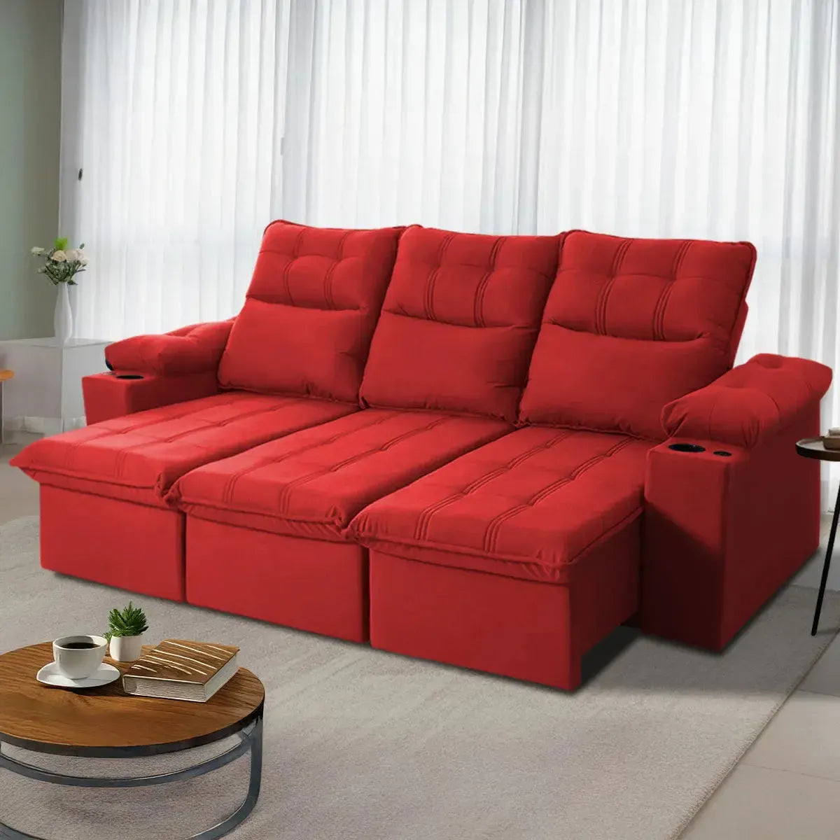 Sofá Retrátil Reclinável Verona USB e Porta Copo 2,30m Vermelho