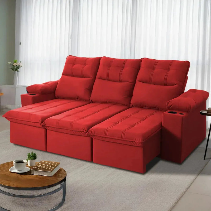 Sofá Retrátil Reclinável Verona USB e Porta Copo 2,30m Vermelho