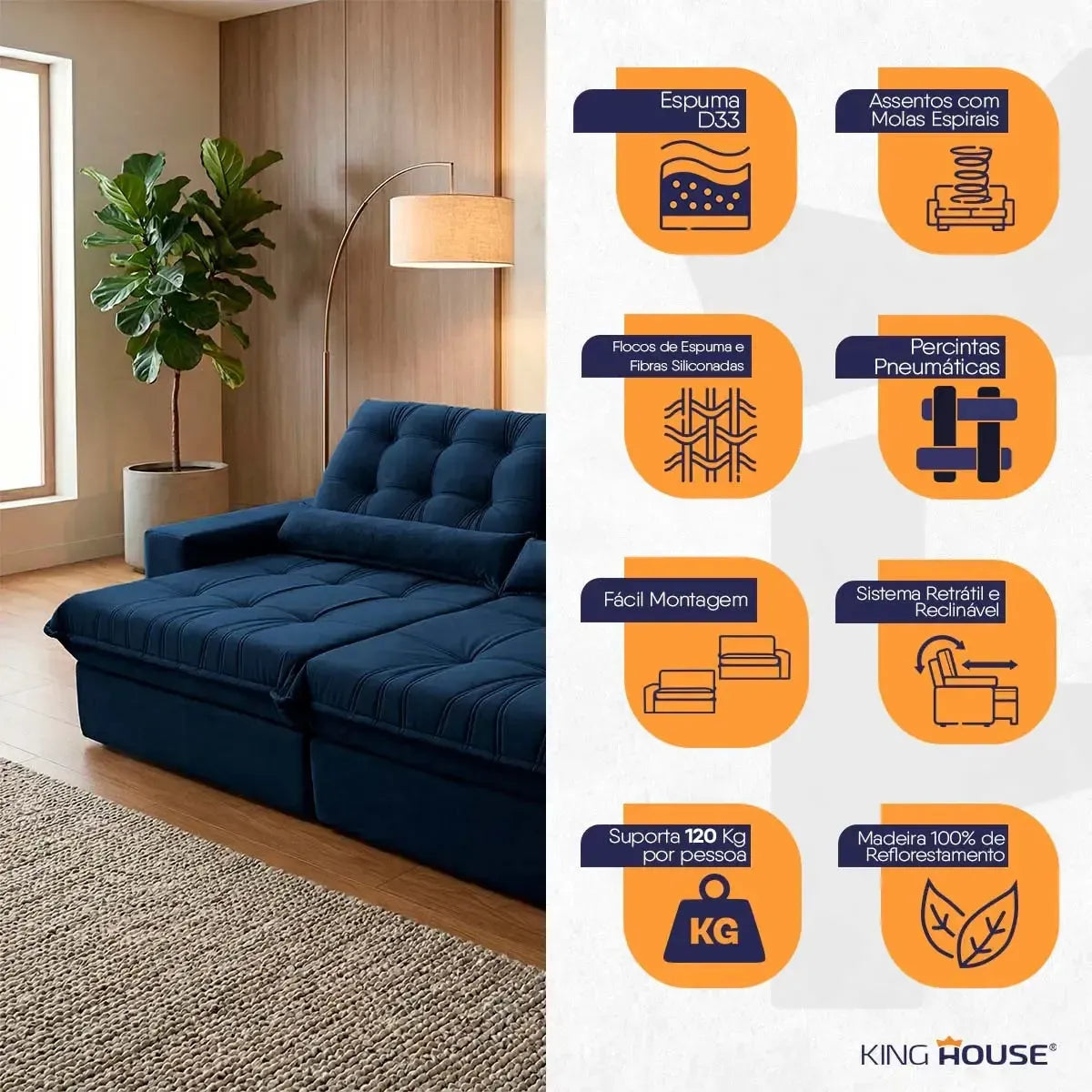 Sofá Retrátil Reclinável Zurique 2,10m Suede Velut Azul Marinho Molas no Assento