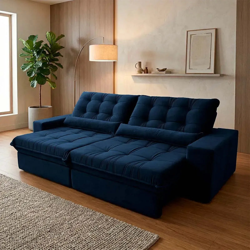 Sofá Retrátil Reclinável Zurique 2,10m Suede Velut Azul Marinho Molas no Assento