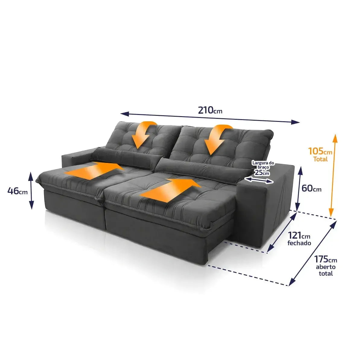 Sofá Retrátil Reclinável Zurique 2,10m Suede Velut Cinza Molas no Assento