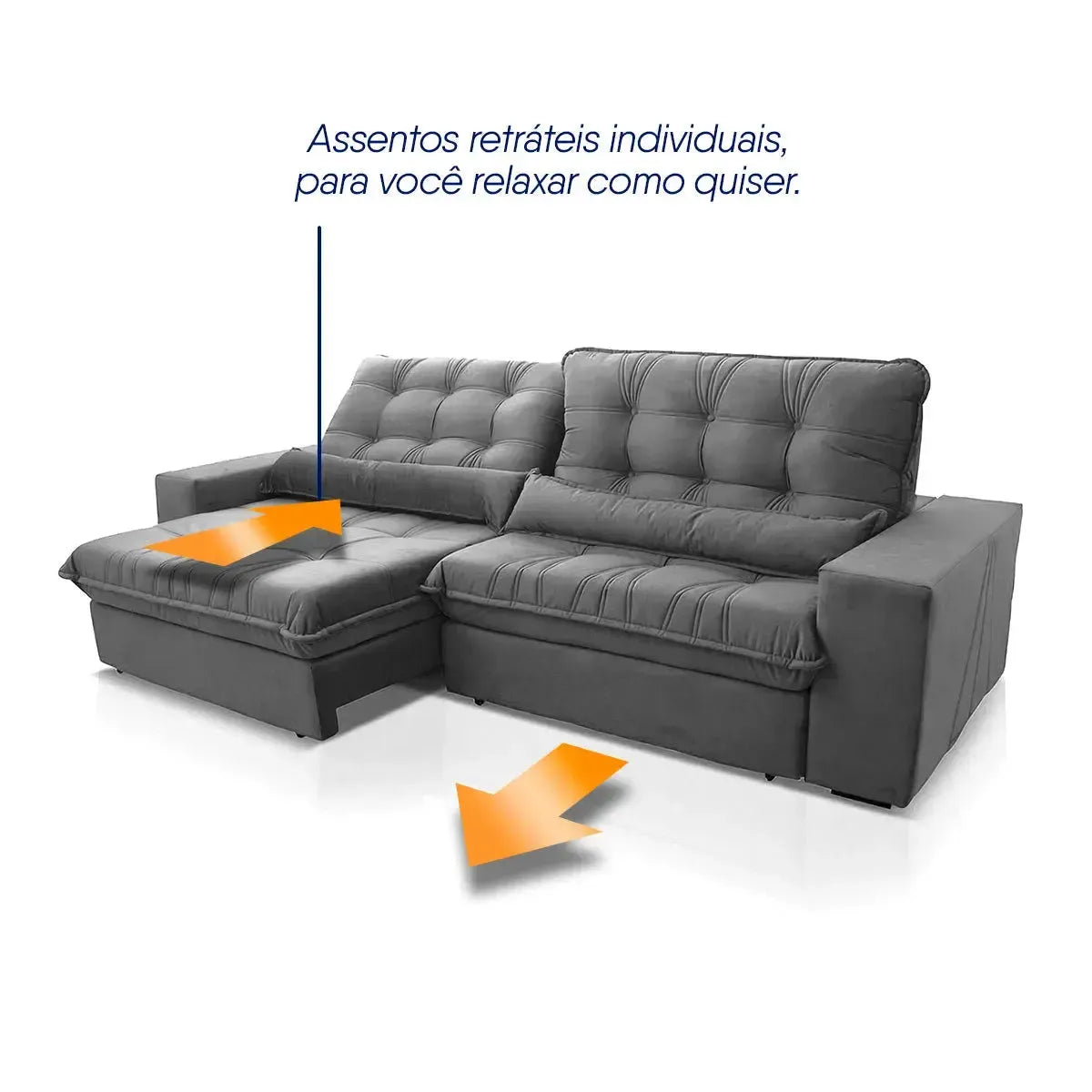 Sofá Retrátil Reclinável Zurique 2,10m Suede Velut Cinza Molas no Assento