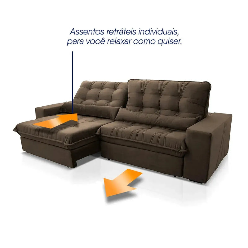 Sofá Retrátil Reclinável Zurique 2,10m Suede Velut Marrom Molas no Assento