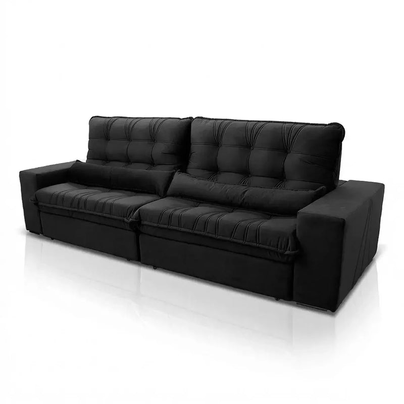 Sofá Retrátil Reclinável Zurique 2,10m Suede Velut Preto Molas no Assento