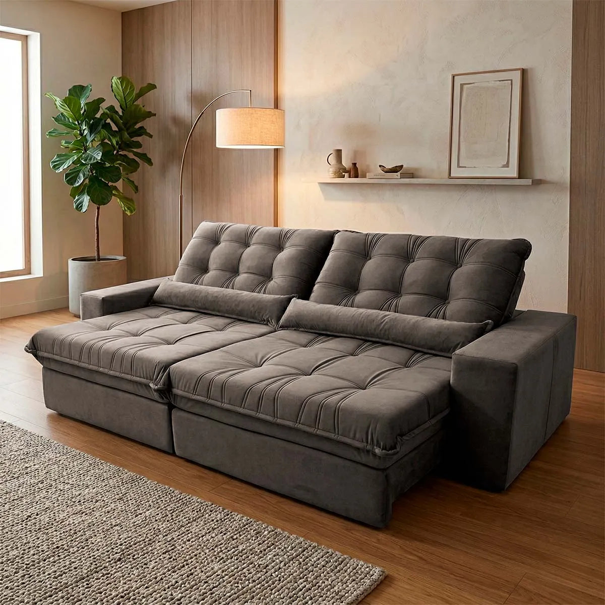 Sofá Retrátil Reclinável Zurique 2,10m Suede Velut Tabaco Molas no Assento