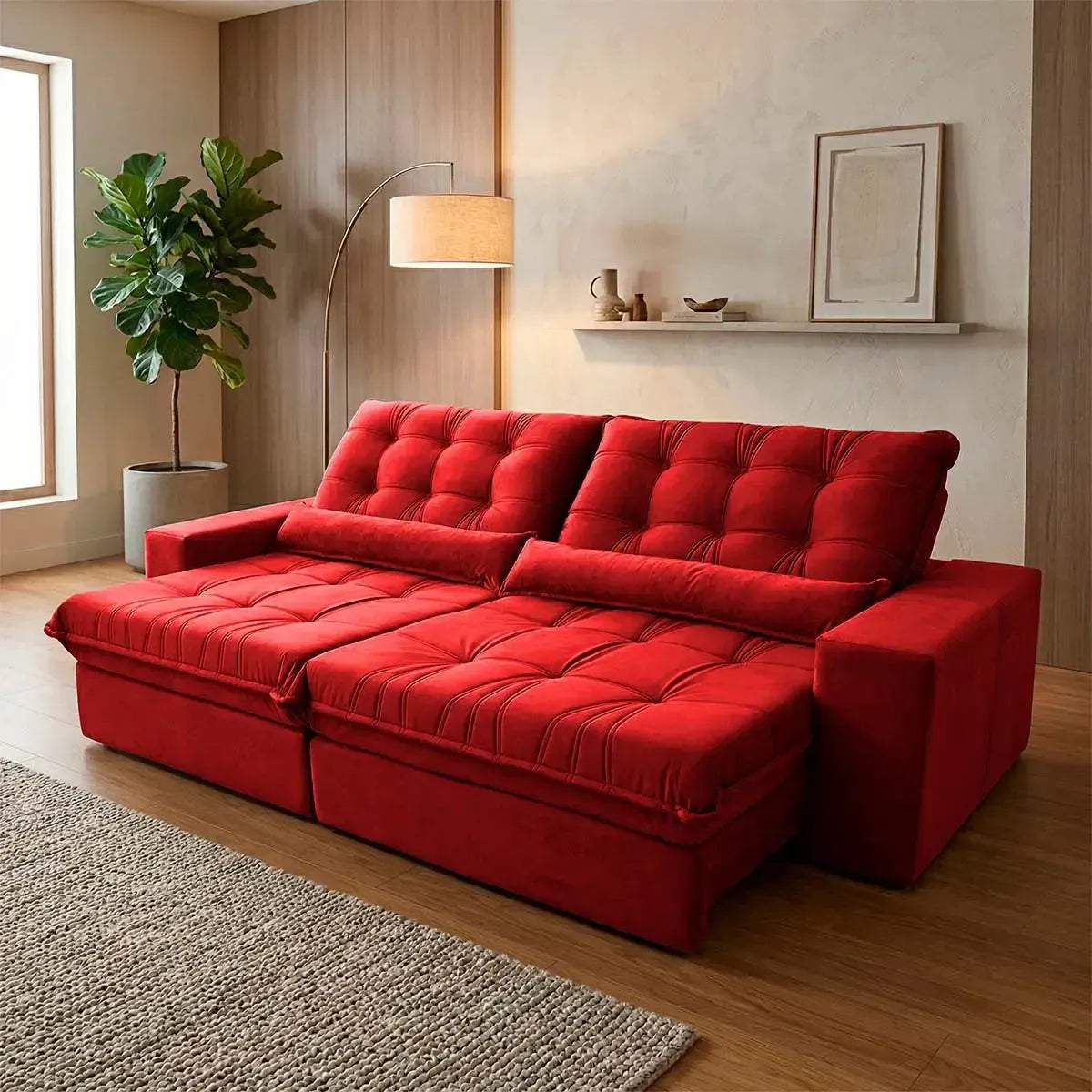 Sofá Retrátil Reclinável Zurique 2,10m Suede Velut Vermelho Molas no Assento