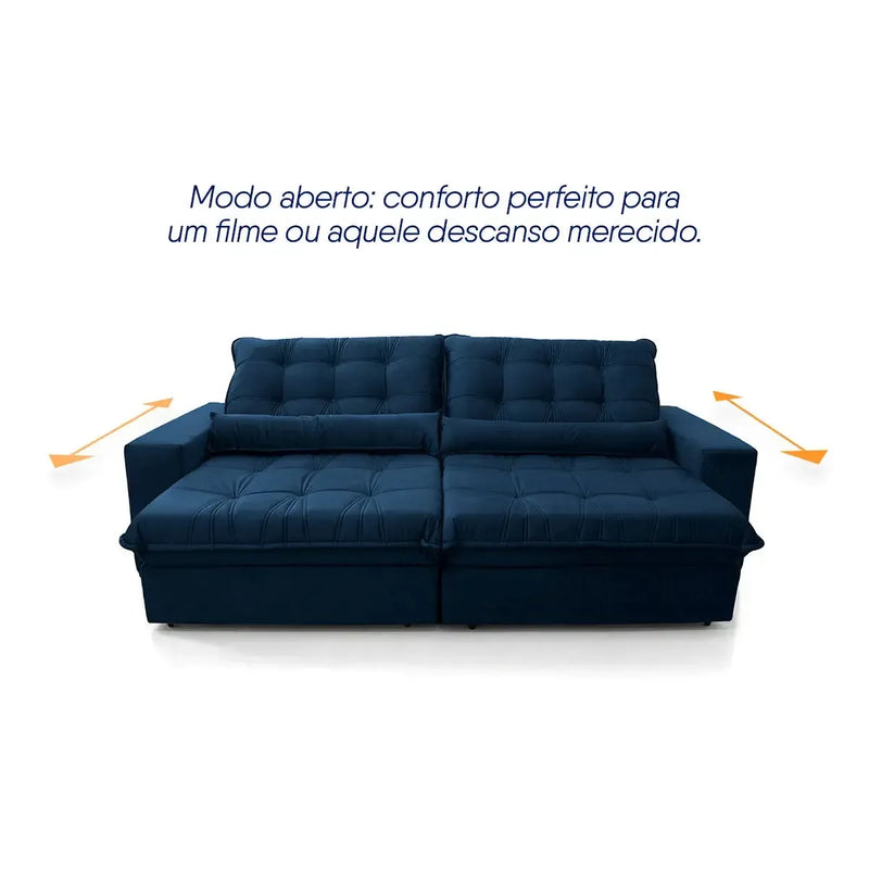 Sofá Retrátil Reclinável Zurique 2,30m Suede Velut Azul Marinho Molas no Assento
