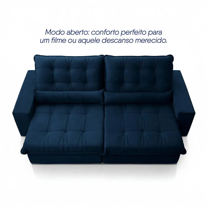 Sofá Retrátil Reclinável Zurique 2,30m Suede Velut Azul Marinho Molas no Assento