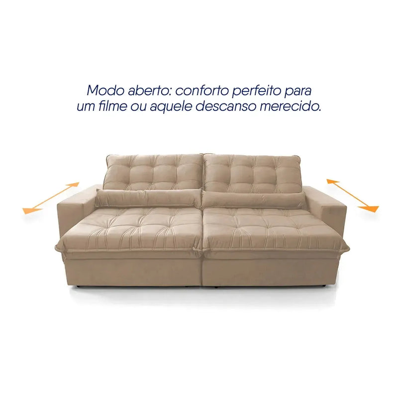 Sofá Retrátil Reclinável Zurique 2,30m Suede Velut Bege Molas no Assento