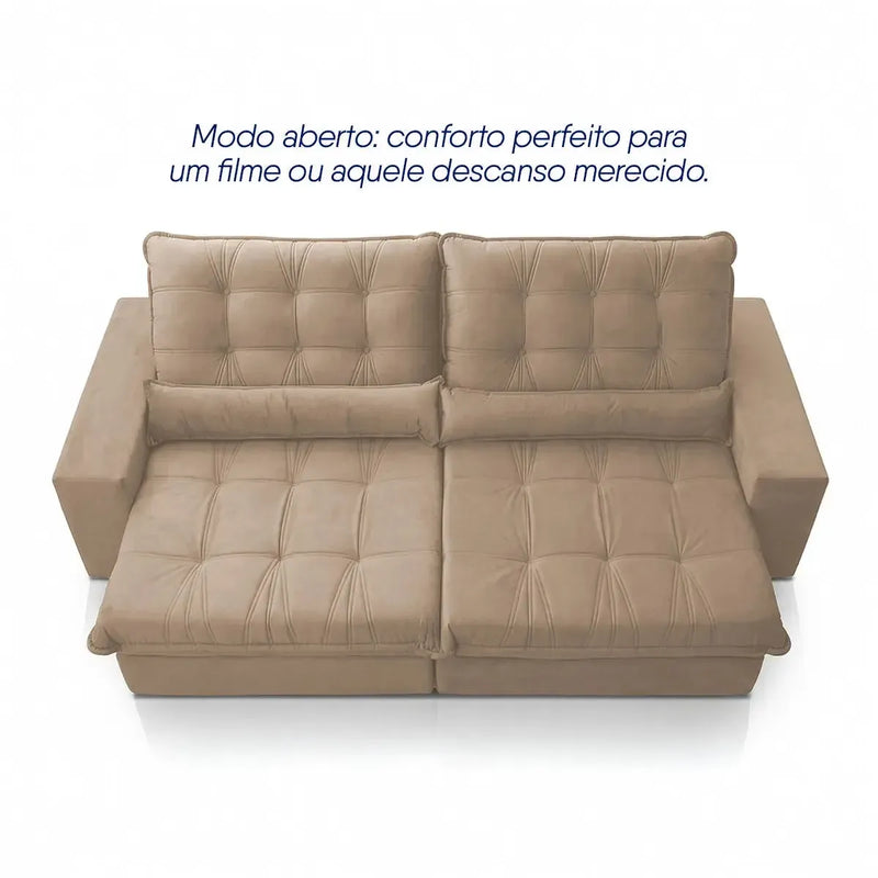 Sofá Retrátil Reclinável Zurique 2,30m Suede Velut Bege Molas no Assento