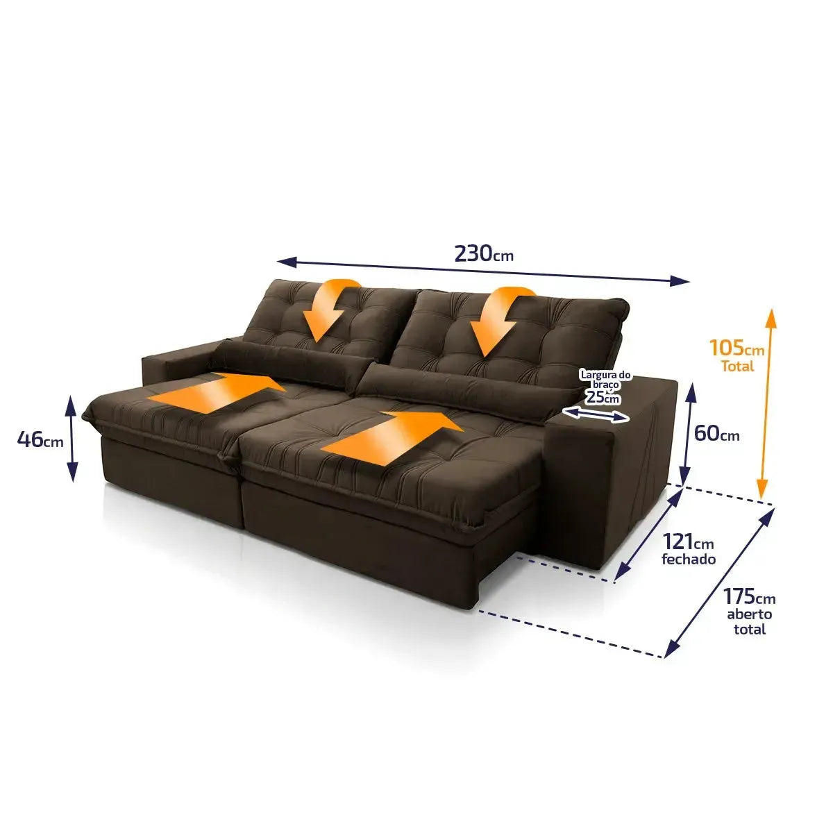 Sofá Retrátil Reclinável Zurique 2,30m Suede Velut Marrom Molas no Assento