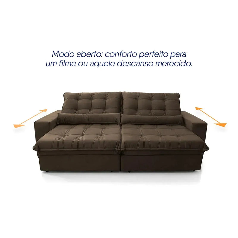 Sofá Retrátil Reclinável Zurique 2,30m Suede Velut Marrom Molas no Assento