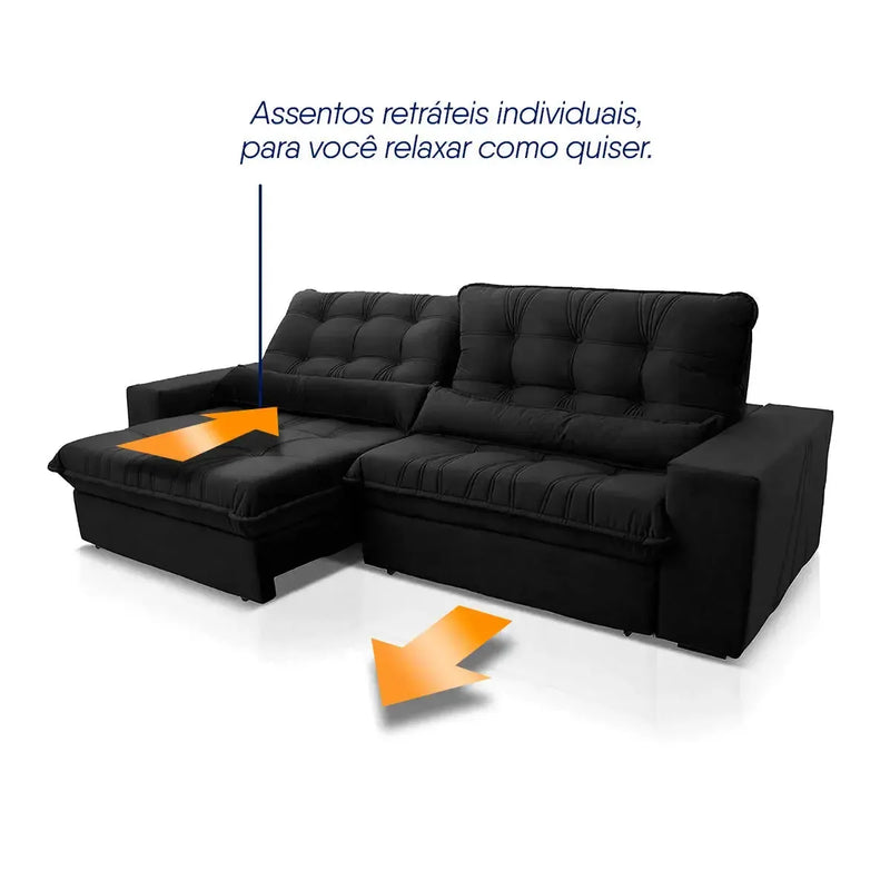 Sofá Retrátil Reclinável Zurique 2,30m Suede Velut Preto Molas no Assento