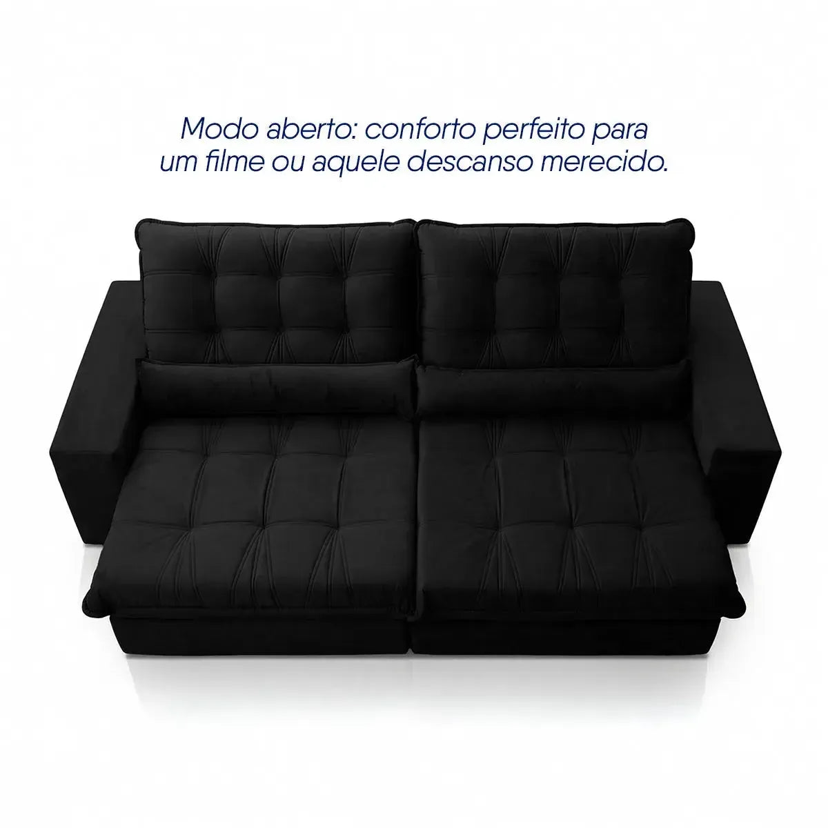 Sofá Retrátil Reclinável Zurique 2,30m Suede Velut Preto Molas no Assento