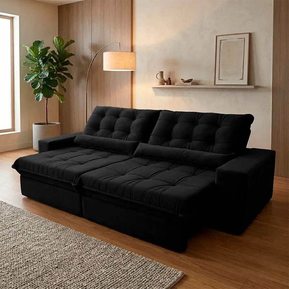 Sofá Retrátil Reclinável Zurique 2,30m Suede Velut Preto Molas no Assento