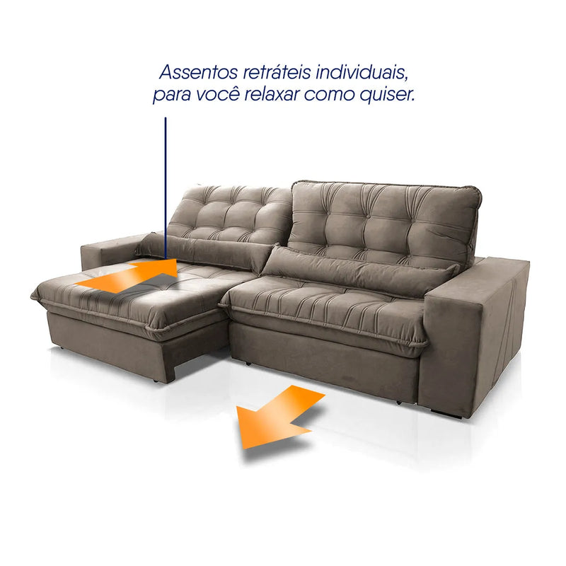 Sofá Retrátil Reclinável Zurique 2,30m Suede Velut Tabaco Molas no Assento