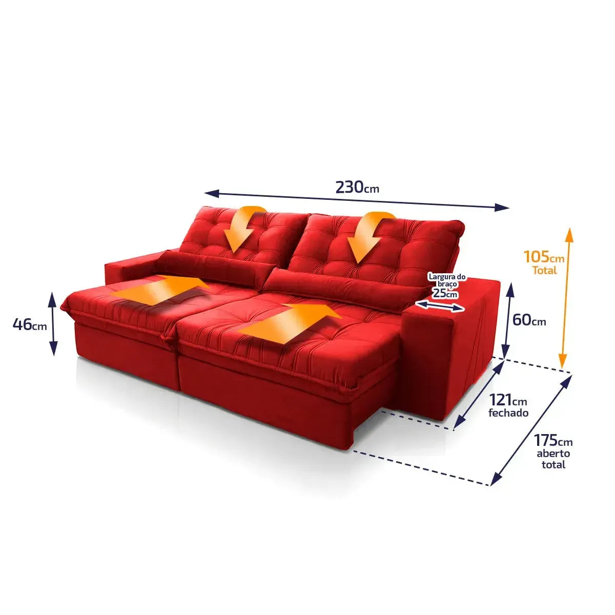Sofá Retrátil Reclinável Zurique 2,30m Suede Velut Vermelho Molas no Assento