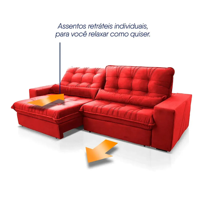 Sofá Retrátil Reclinável Zurique 2,30m Suede Velut Vermelho Molas no Assento
