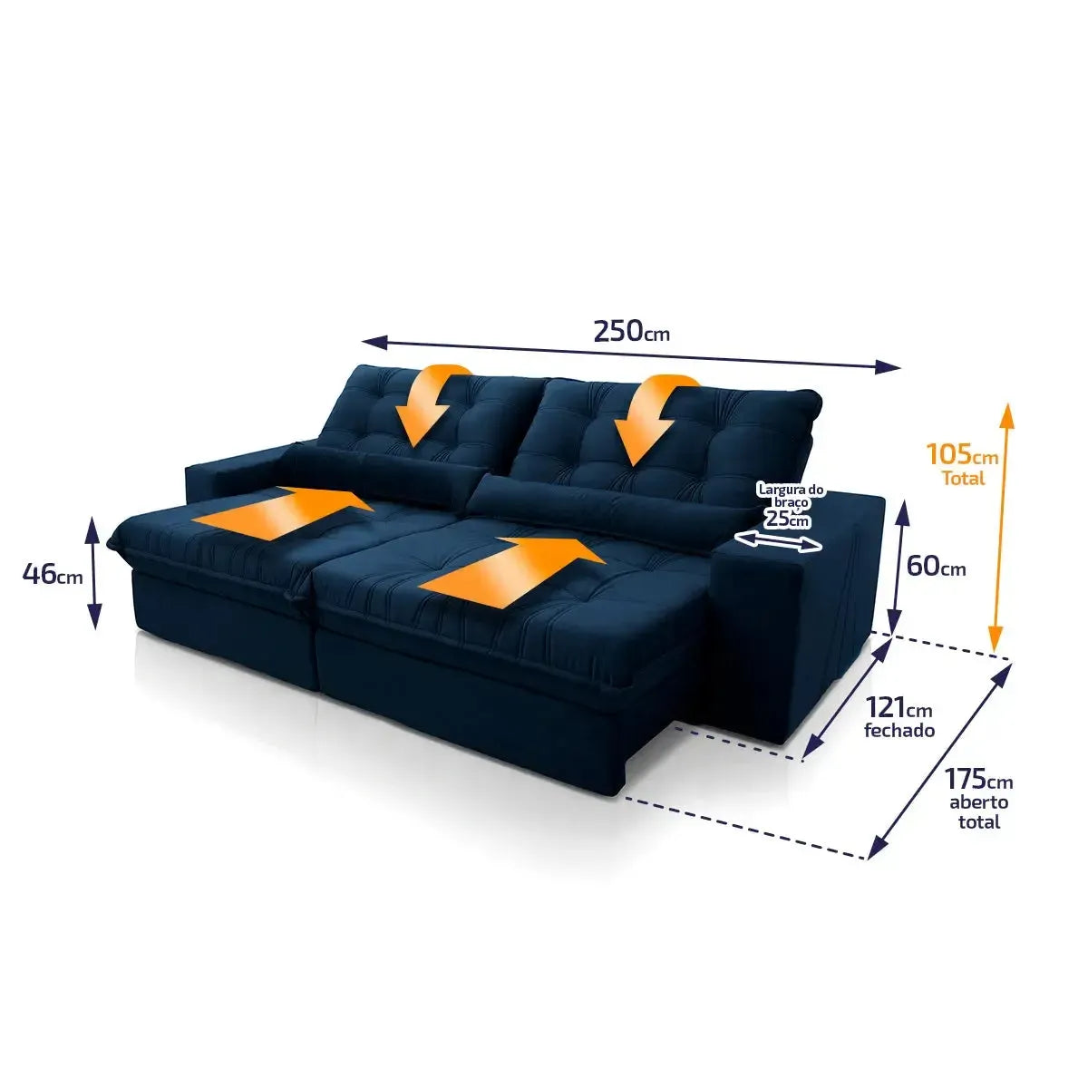 Sofá Retrátil Reclinável Zurique 2,50m Suede Velut Azul Marinho Molas no Assento